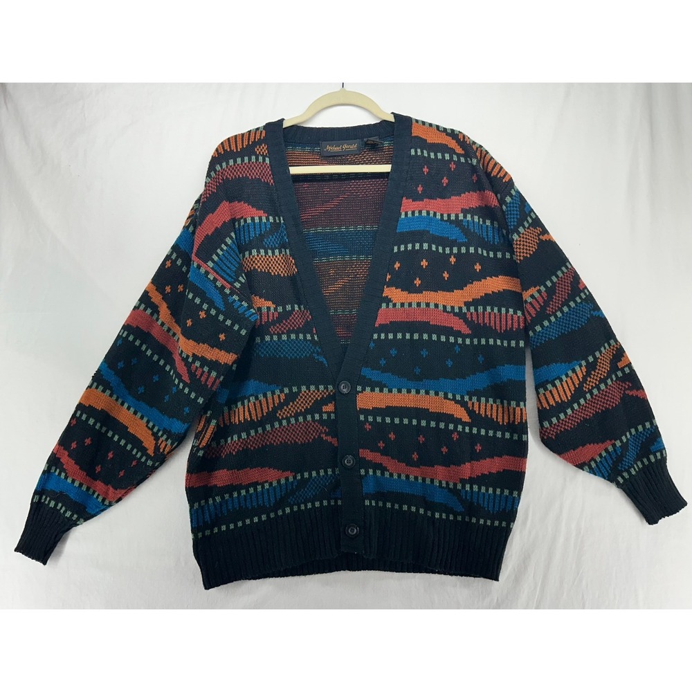 Vintage Michael Gerald Men L Abstract Geometric Knit Cardigan Sweater 90s Black